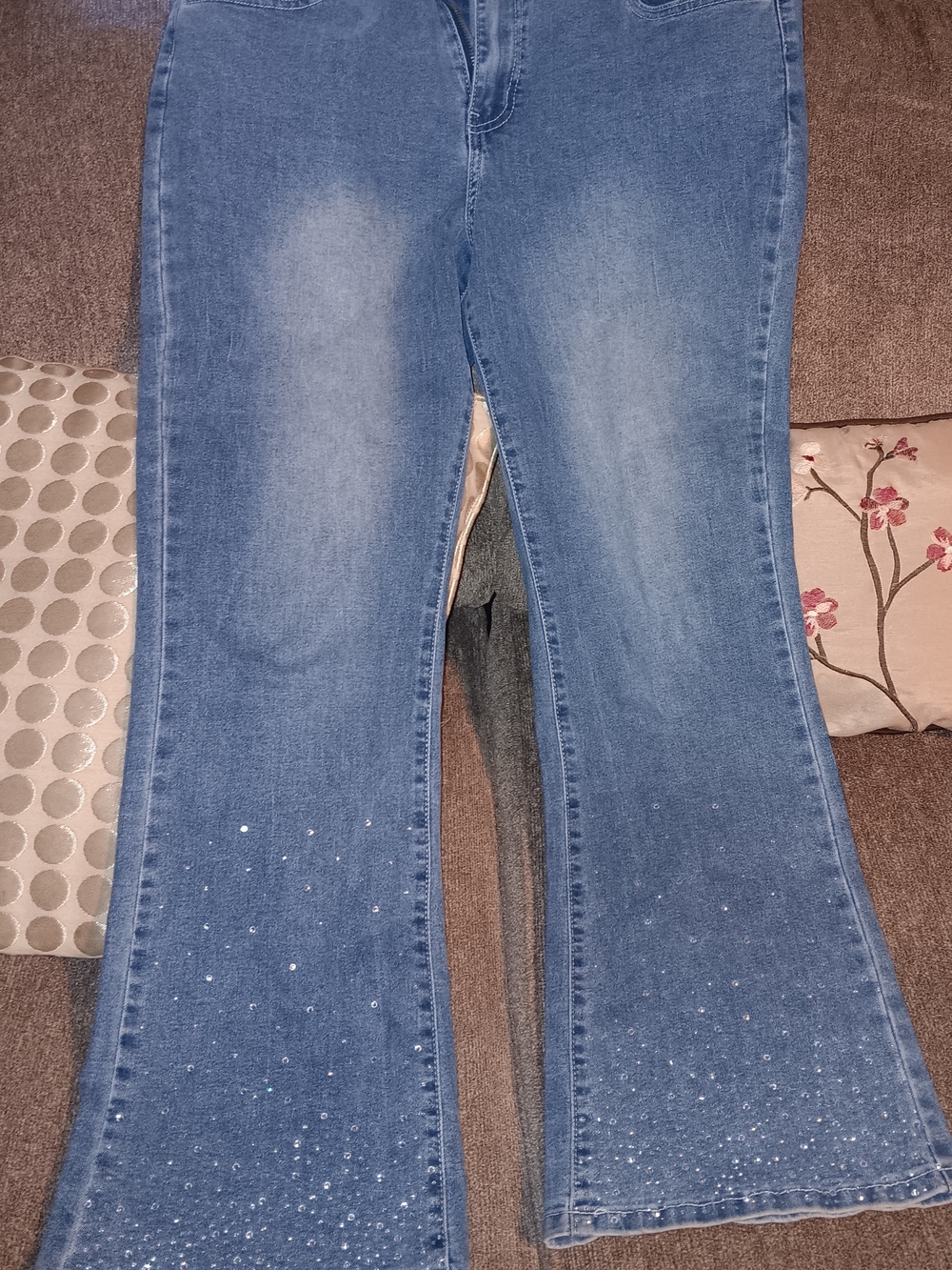 Women’s Blue Flared Jeans with Embellished Hem